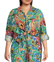 Calessa Plus Size Coordinating Abstract Mosaic Print Point Collar Long Sleeve Tie-Front Blouse