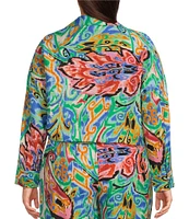 Calessa Plus Size Coordinating Abstract Mosaic Print Point Collar Long Sleeve Tie-Front Blouse