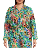 Calessa Plus Size Coordinating Abstract Mosaic Print Point Collar Long Sleeve Tie-Front Blouse