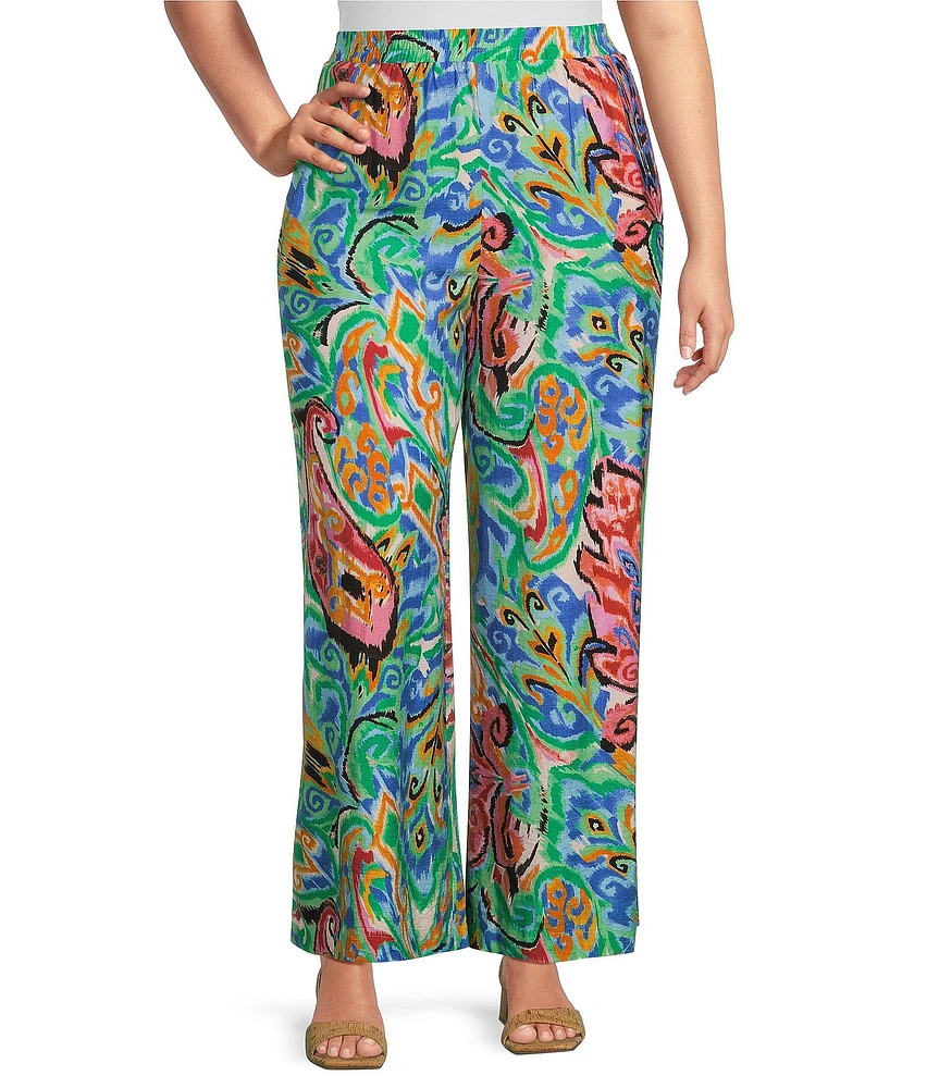 Calessa Plus Size Coordinating Abstract Mosaic Print Wide-Leg Pull-On Pants