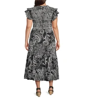 Calessa Plus Size Abstract Paisley Scoop Neck Ruffle Cap Sleeve Midi Dress