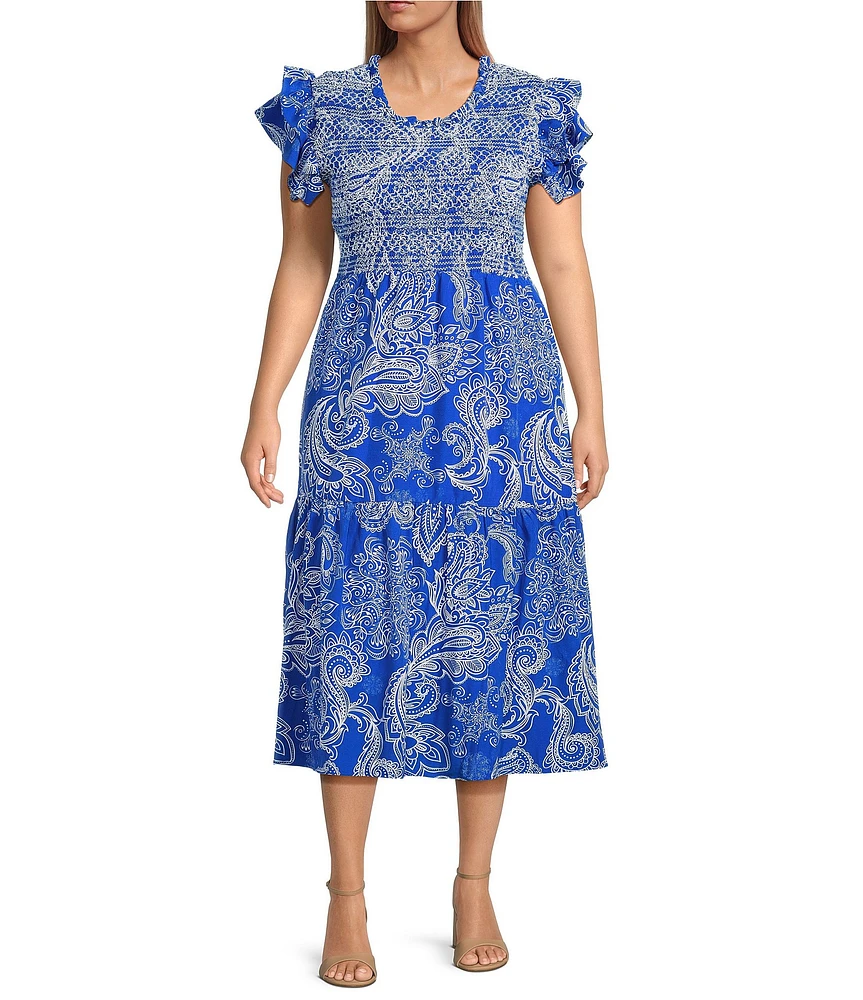 Calessa Plus Size Abstract Paisley Scoop Neck Short Sleeve Tiered Smocked Ruffle Midi Dress