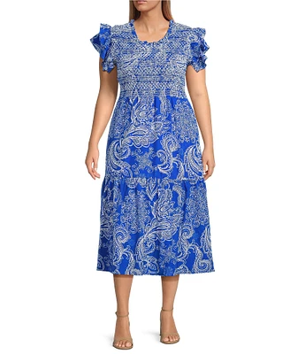 Calessa Plus Size Abstract Paisley Scoop Neck Short Sleeve Tiered Smocked Ruffle Midi Dress