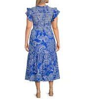 Calessa Plus Size Abstract Paisley Scoop Neck Short Sleeve Tiered Smocked Ruffle Midi Dress
