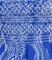 Calessa Plus Size Abstract Paisley Scoop Neck Short Sleeve Tiered Smocked Ruffle Midi Dress