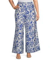 Calessa Plus Size Coordinating Antique Floral Wide Leg Pull-On Pants