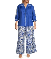 Calessa Plus Size Coordinating Antique Floral Wide Leg Pull-On Pants