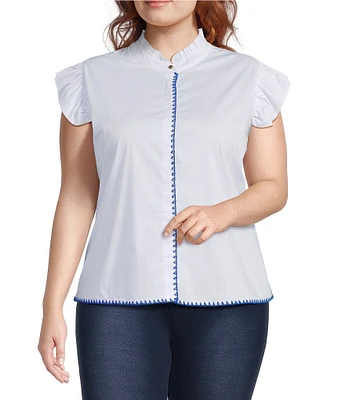 Calessa Plus Size Banded Collar Ruffle Cap Sleeve Embroidered Contrast Trim Top