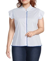 Calessa Plus Size Banded Collar Ruffle Cap Sleeve Embroidered Contrast Trim Top