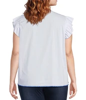 Calessa Plus Size Banded Collar Ruffle Cap Sleeve Embroidered Contrast Trim Top