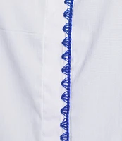 Calessa Plus Size Banded Collar Ruffle Cap Sleeve Embroidered Contrast Trim Top