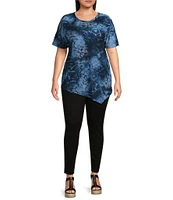 Calessa Plus Size Burnout Knit Round Neck Short Sleeve Asymmetric Hem Tunic