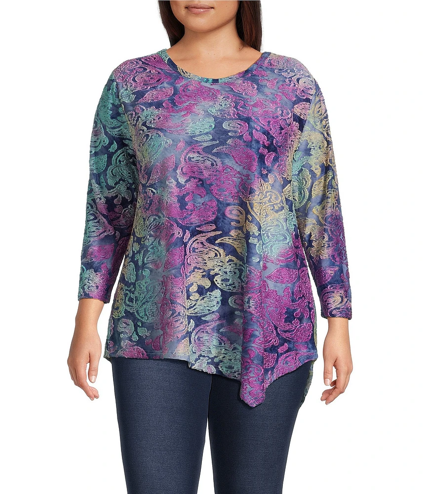 Calessa Plus Size Burnout Knit Tie-Dye Crew Neck 3/4 Sleeve Asymmetrical Hem Tunic