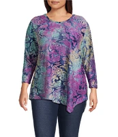 Calessa Plus Size Burnout Knit Tie-Dye Crew Neck 3/4 Sleeve Asymmetrical Hem Tunic