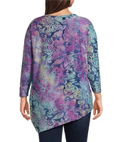 Calessa Plus Size Burnout Knit Tie-Dye Crew Neck 3/4 Sleeve Asymmetrical Hem Tunic