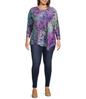 Calessa Plus Size Burnout Knit Tie-Dye Crew Neck 3/4 Sleeve Asymmetrical Hem Tunic