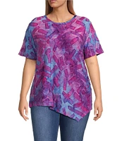Calessa Plus Size Burnout Knit Tie-Dye Round Neck Short Sleeve Asymmetric Hem Tunic