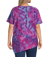 Calessa Plus Size Burnout Knit Tie-Dye Round Neck Short Sleeve Asymmetric Hem Tunic