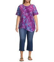 Calessa Plus Size Burnout Knit Tie-Dye Round Neck Short Sleeve Asymmetric Hem Tunic