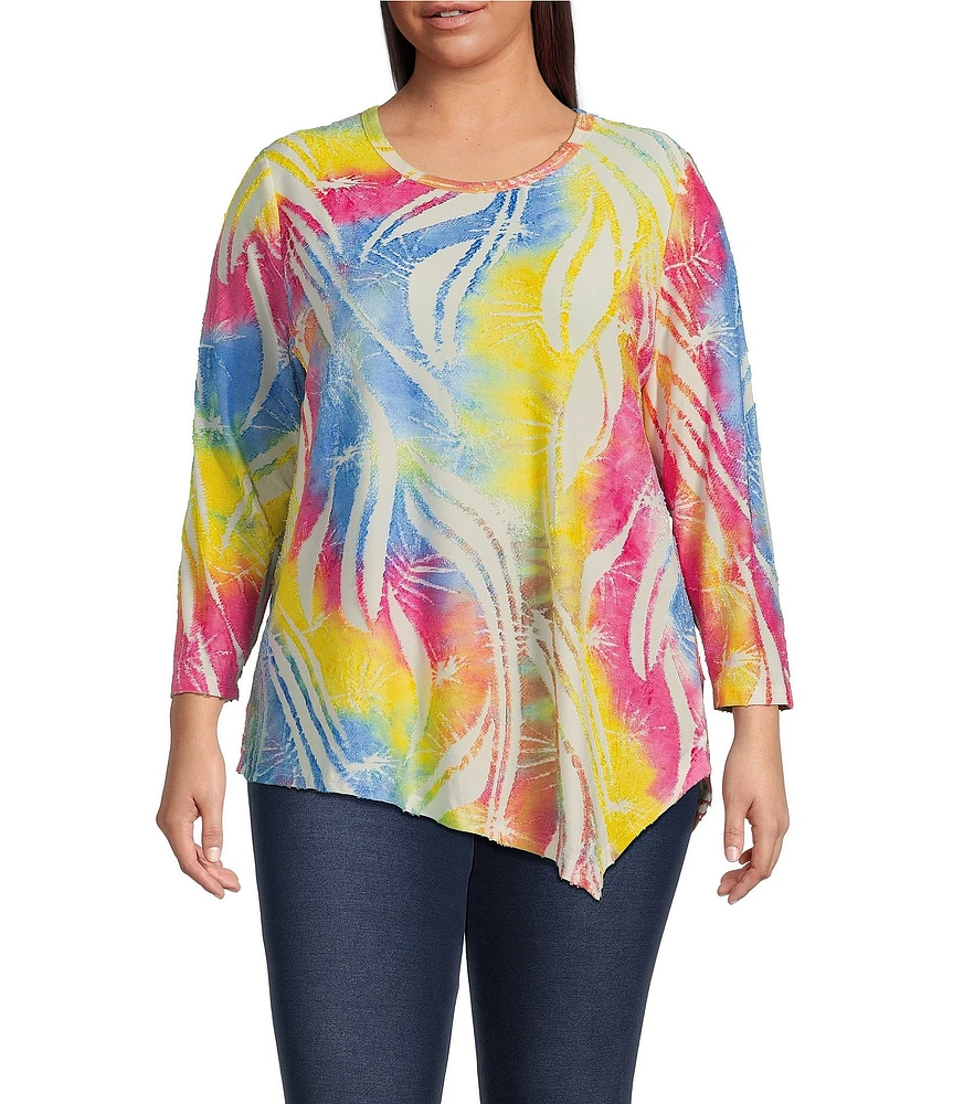Calessa Plus Size Burnout Tie-Dye Crew Neck 3/4 Sleeve Asymmetric Hem Tunic