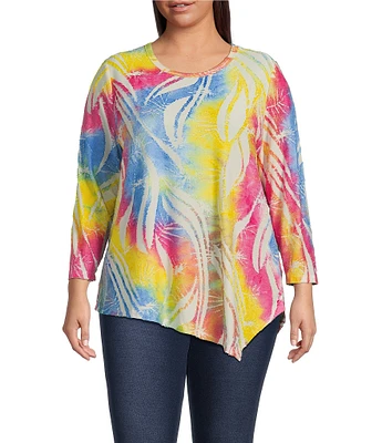Calessa Plus Size Burnout Tie-Dye Crew Neck 3/4 Sleeve Asymmetric Hem Tunic