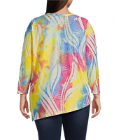 Calessa Plus Size Burnout Tie-Dye Crew Neck 3/4 Sleeve Asymmetric Hem Tunic