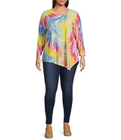 Calessa Plus Size Burnout Tie-Dye Crew Neck 3/4 Sleeve Asymmetric Hem Tunic