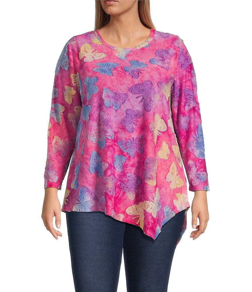 Calessa Plus Size Burnout Tie-Dye Butterfly Crew Neck 3/4 Sleeve Asymmetrical Hem Tunic