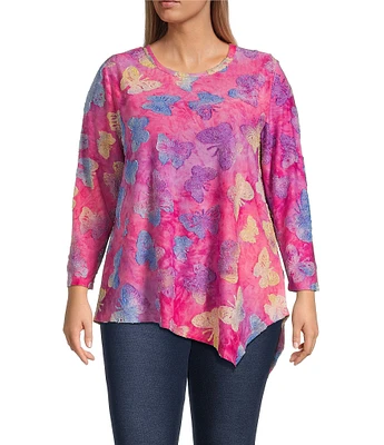 Calessa Plus Size Burnout Tie-Dye Butterfly Crew Neck 3/4 Sleeve Asymmetrical Hem Tunic
