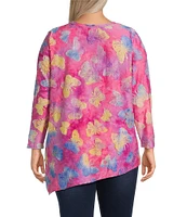 Calessa Plus Size Burnout Tie-Dye Butterfly Crew Neck 3/4 Sleeve Asymmetrical Hem Tunic