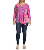 Calessa Plus Size Burnout Tie-Dye Butterfly Crew Neck 3/4 Sleeve Asymmetrical Hem Tunic