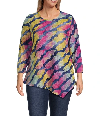 Calessa Plus Size Burnout Tie-Dye Crew Neck 3/4 Sleeve Tunic