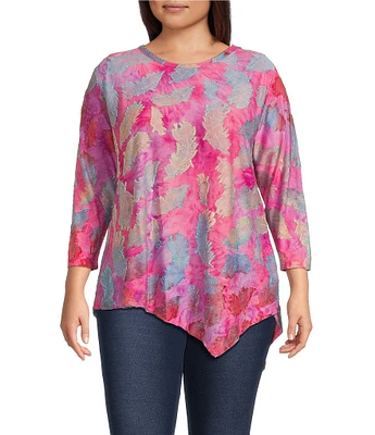 Calessa Plus Size Burnout Tie-Dye Crew Neck 3/4 Sleeve Tunic