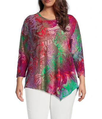 Calessa Plus Size Burnout Tie-Dye Crew Neck Bracelet Sleeve Asymmetric Hem Tunic