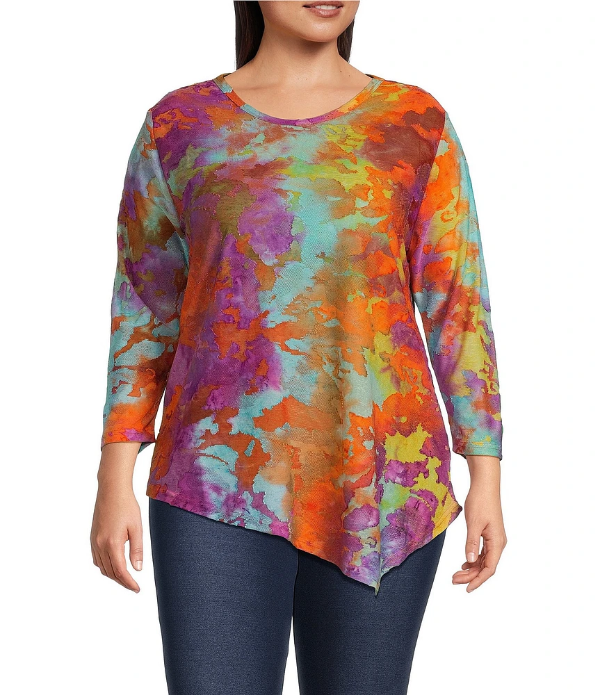 Calessa Plus Size Burnout Tie-Dye Crew Neck 3/4 Sleeve Asymmetric Hem Tunic