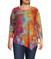 Calessa Plus Size Burnout Tie-Dye Crew Neck 3/4 Sleeve Asymmetric Hem Tunic