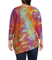 Calessa Plus Size Burnout Tie-Dye Crew Neck 3/4 Sleeve Asymmetric Hem Tunic