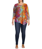 Calessa Plus Size Burnout Tie-Dye Crew Neck 3/4 Sleeve Asymmetric Hem Tunic