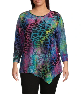 Calessa Plus Size Burnout Tie-Dye Knit Crew Neck 3/4 Sleeve Asymmetrical Top