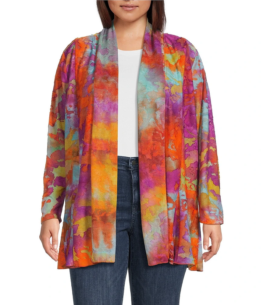 Calessa Plus Size Burnout Tie-Dye Open-Front Knit Cardigan