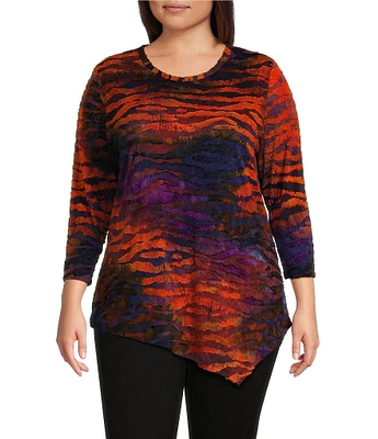 Calessa Plus Size Burnout Tie Dye Print Crew Neck Long Sleeve Asymmetric Top