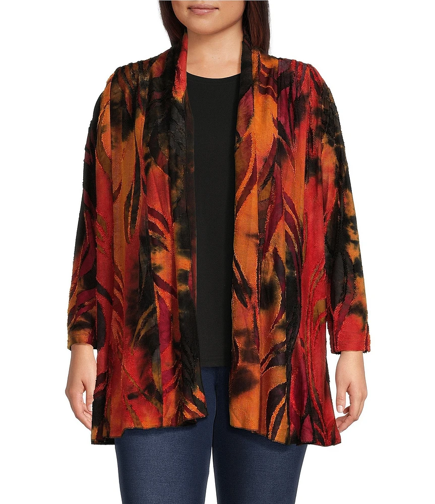 Calessa Plus Size Burnout Tie-Dye Print Shawl Neck Open Front Knit Cardigan