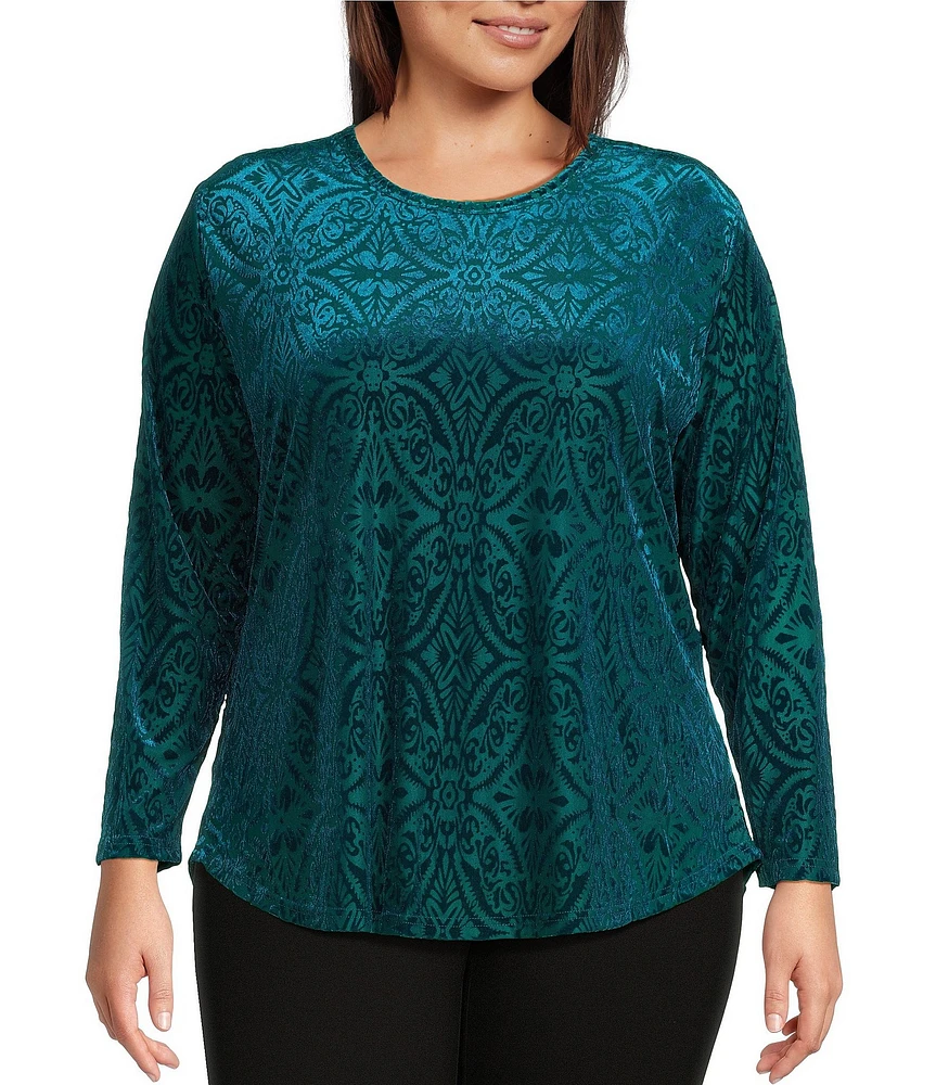 Calessa Plus Size Burnout Velvet Printed Crew Neck Long Sleeve Tunic