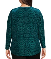 Calessa Plus Size Burnout Velvet Printed Crew Neck Long Sleeve Tunic