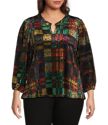 Calessa Plus Size Burnout Velvet Split V-Neck Long Sleeve Tunic