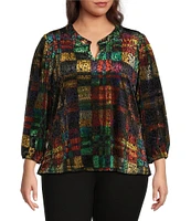 Calessa Plus Size Burnout Velvet Split V-Neck Long Sleeve Tunic