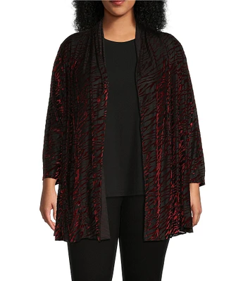 Calessa Plus Size Burnout Velvet Tie-Dye Print Shawl Neck Open-Front Knit Cardigan