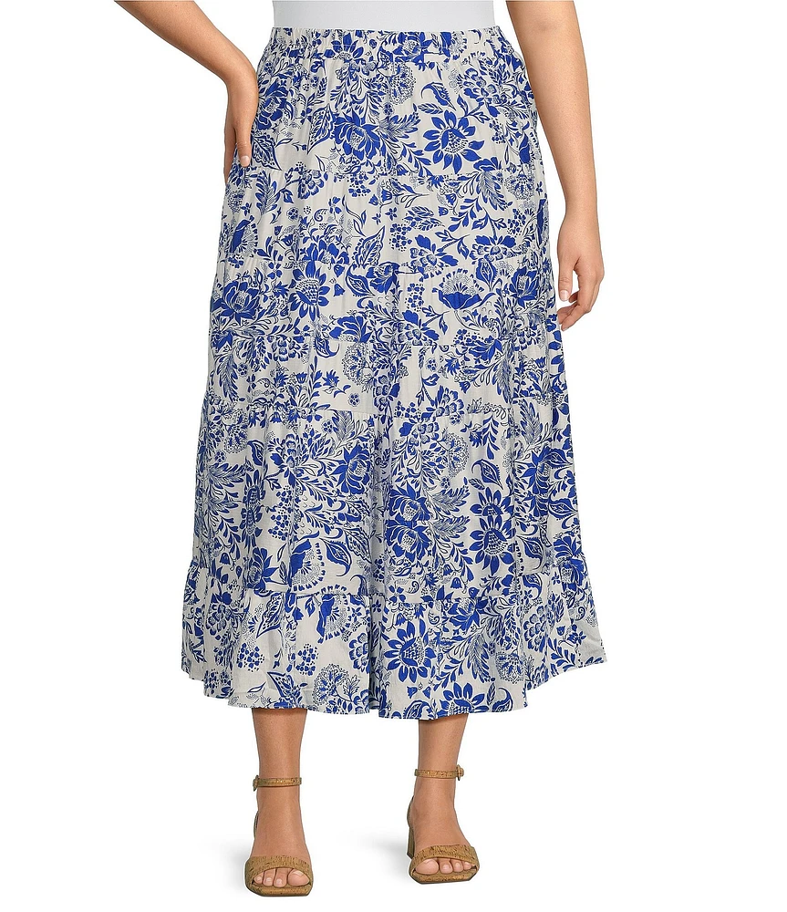 Calessa Plus Size Coordinating Antique Floral Print Embroidered Eyelet Hem Tiered Pull-On Skirt