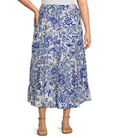 Calessa Plus Size Coordinating Antique Floral Print Embroidered Eyelet Hem Tiered Pull-On Skirt
