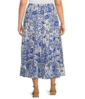 Calessa Plus Size Coordinating Antique Floral Print Embroidered Eyelet Hem Tiered Pull-On Skirt